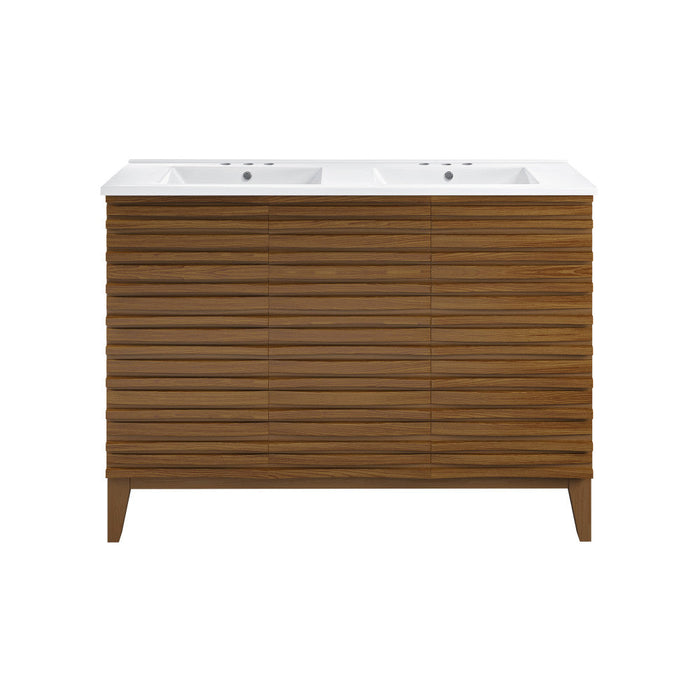 Swiss Madison Cascade 48 in. Brown Oak, Double Basin Bathroom Vanity With White, 3-Hole Ceramic Sink Top - SM-BV557WND-3