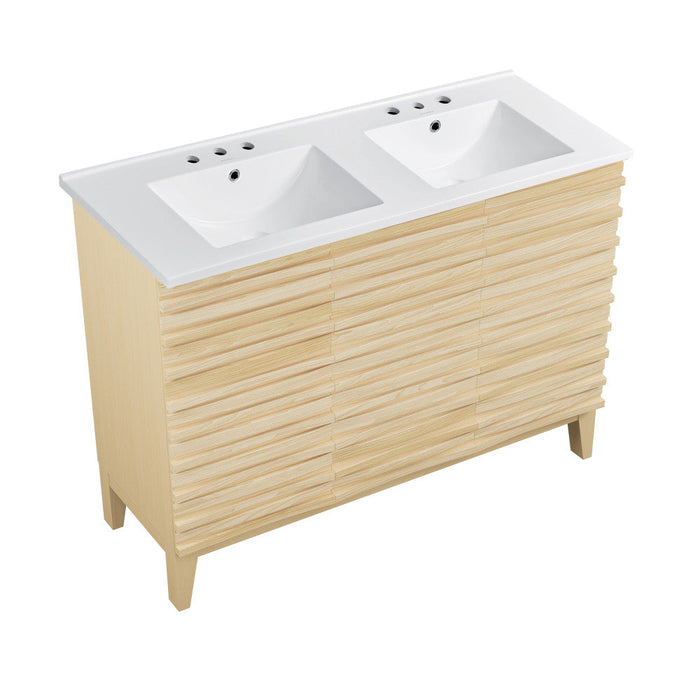 Swiss Madison Cascade 48 in. Natural Oak, Double Basin Bathroom Vanity With White, 3-Hole Ceramic Sink Top - SM-BV557D-3