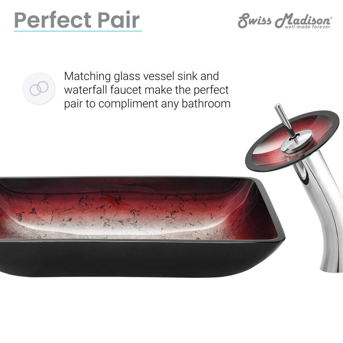 Swiss Madison Cascade Rectangular Glass Vessel Sink with Faucet, Ember Red - SM-VSF295