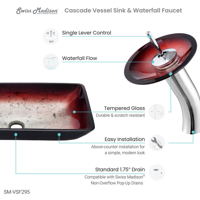 Swiss Madison Cascade Rectangular Glass Vessel Sink with Faucet, Ember Red - SM-VSF295