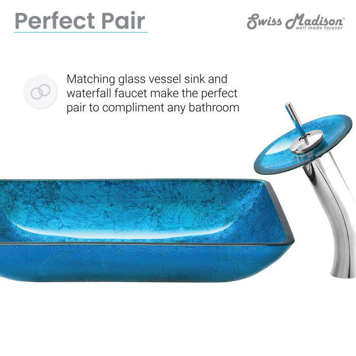 Swiss Madison Cascade Rectangular Glass Vessel Sink with Faucet, Ocean Blue - SM-VSF296