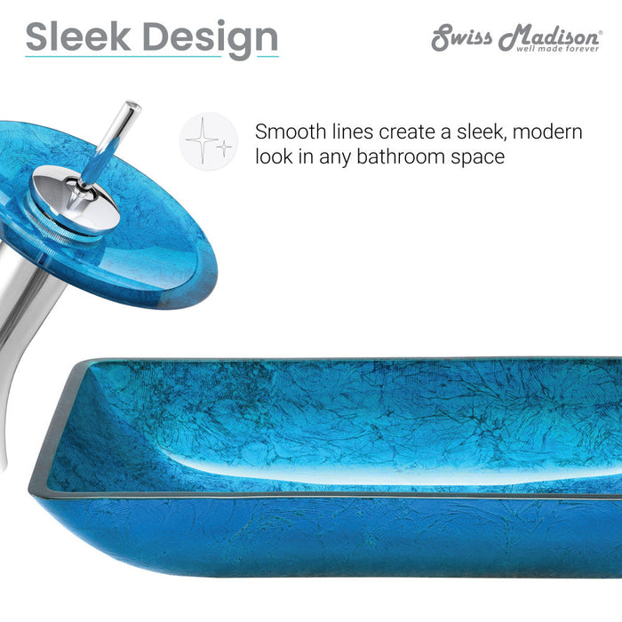 Swiss Madison Cascade Rectangular Glass Vessel Sink with Faucet, Ocean Blue - SM-VSF296