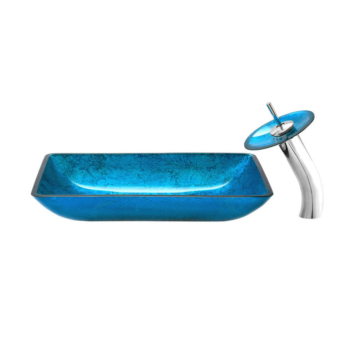 Swiss Madison Cascade Rectangular Glass Vessel Sink with Faucet, Ocean Blue - SM-VSF296