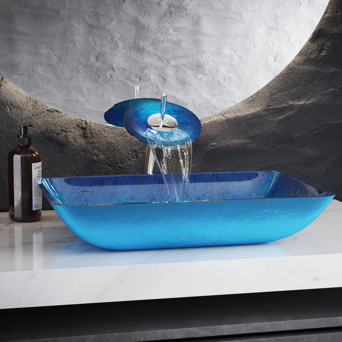 Swiss Madison Cascade Rectangular Glass Vessel Sink with Faucet, Ocean Blue - SM-VSF296