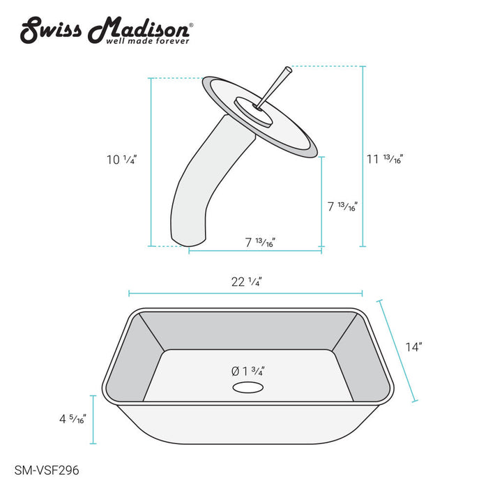 Swiss Madison Cascade Rectangular Glass Vessel Sink with Faucet, Ocean Blue - SM-VSF296