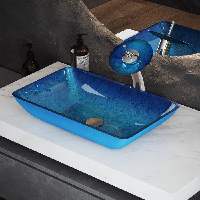 Swiss Madison Cascade Rectangular Glass Vessel Sink with Faucet, Ocean Blue - SM-VSF296