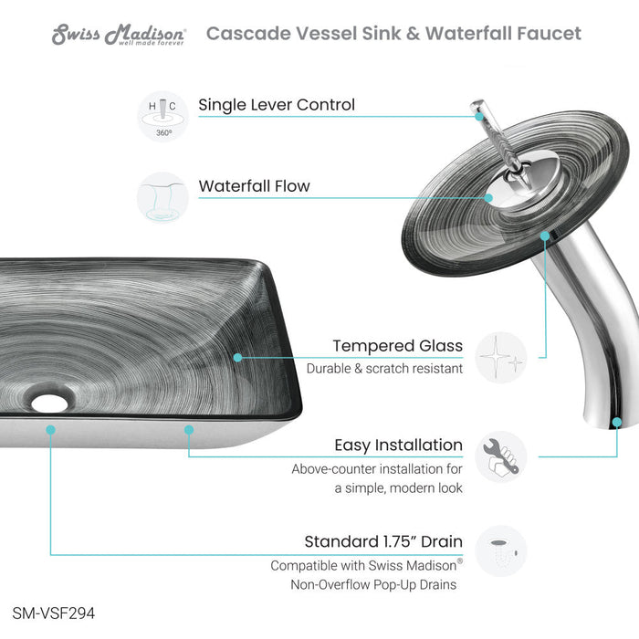 Swiss Madison Cascade Rectangular Glass Vessel Sink with Faucet, Smoky Grey - SM-VSF294