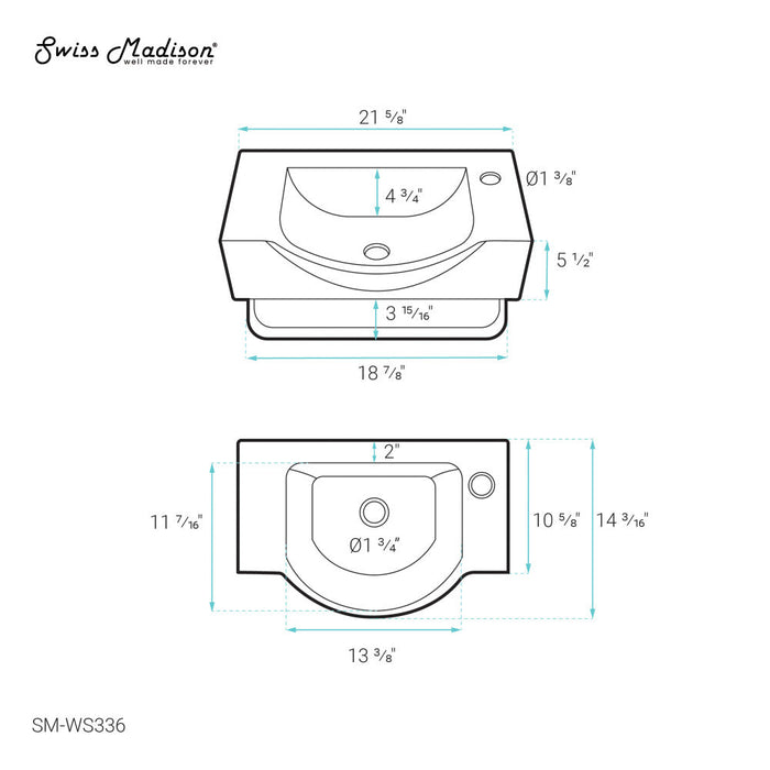 Swiss Madison Chateau 21.5" Right Side Faucet Wall-Mount Bathroom Sink with Chrome Towel Bar - SM-WS336