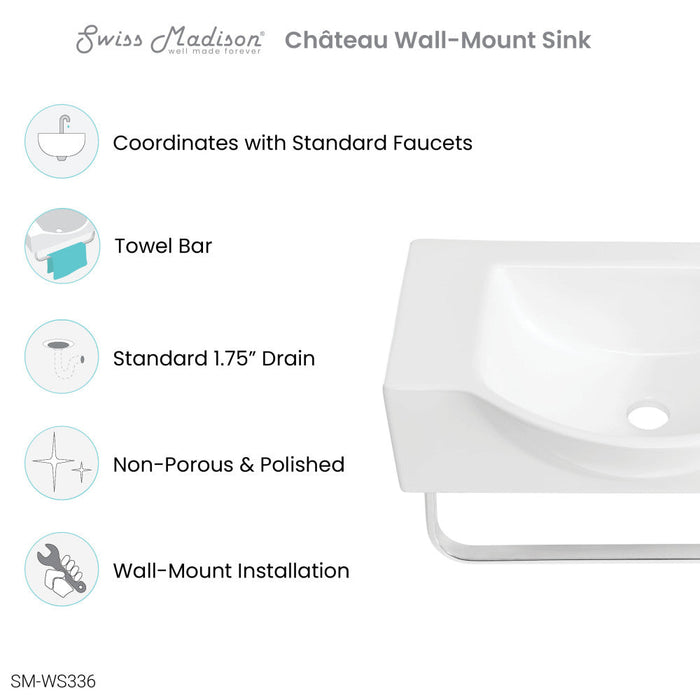 Swiss Madison Chateau 21.5" Right Side Faucet Wall-Mount Bathroom Sink with Chrome Towel Bar - SM-WS336