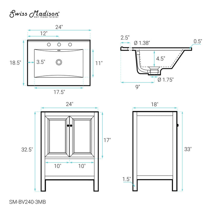 Swiss Madison Château 24 in. Natural Oak Bathroom Vanity With Black, 3-Hole Ceramic Sink Top - SM-BV240-3MB