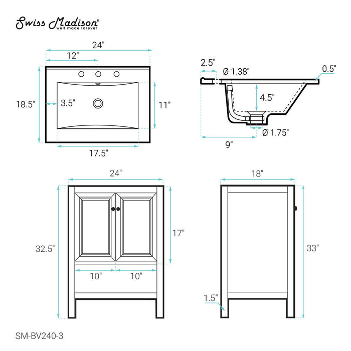 Swiss Madison Château 24 in. Natural Oak Bathroom Vanity With White, 3-Hole Ceramic Sink Top - SM-BV240-3