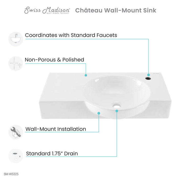 Swiss Madison Chateau 30" Right Side Faucet Wall-Mount Bathroom Sink - SM-WS325