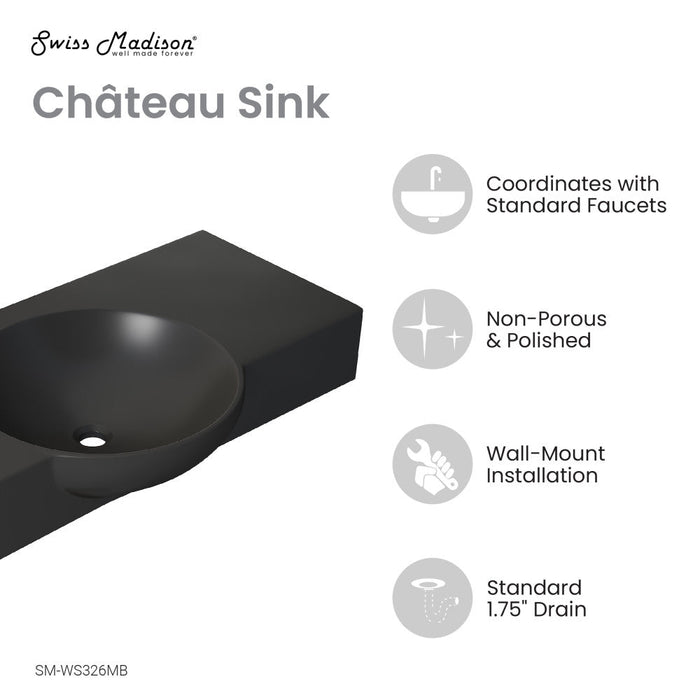 Swiss Madison Chateau 30" Left Side Faucet Wall-Mount Bathroom Sink in Matte Black - SM-WS326MB