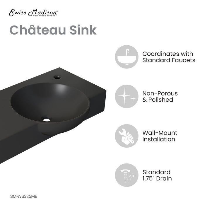 Swiss Madison Chateau 30" Right Side Faucet Wall-Mount Bathroom Sink in Matte Black - SM-WS325MB