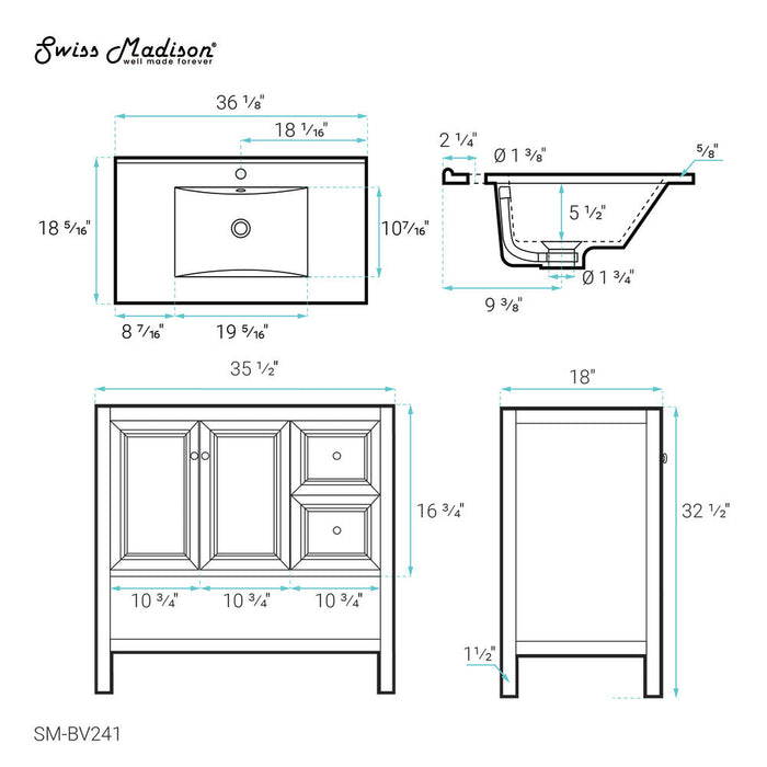 Swiss Madison Chateau 36" Bathroom Vanity in Natural Oak - SM-BV241