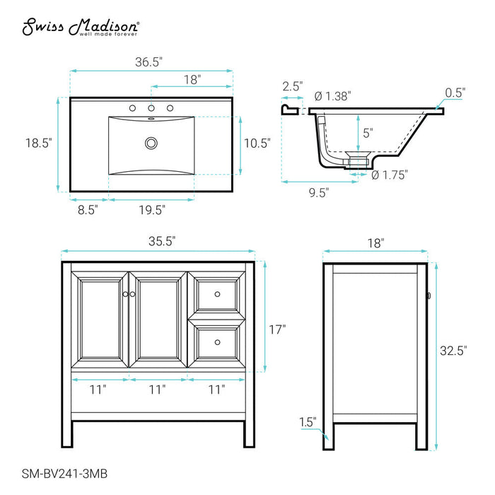 Swiss Madison Château 36 in. Brown Oak Bathroom Vanity With Black, 3-Hole Ceramic Sink Top - SM-BV241-3MB