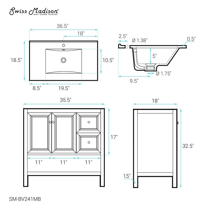 Swiss Madison Château 36 in. Brown Oak Bathroom Vanity With Black Ceramic Sink Top - SM-BV241MB