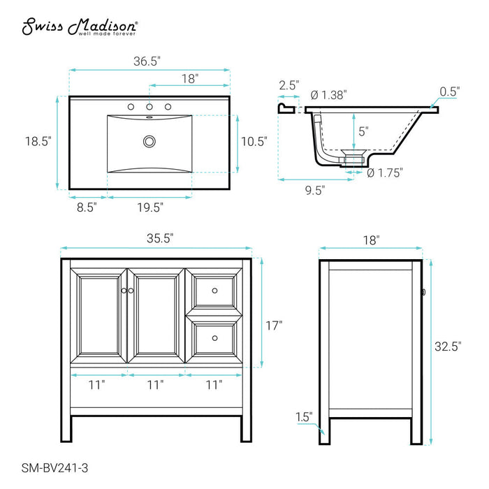 Swiss Madison Château 36 in. Brown Oak Bathroom Vanity With White, 3-Hole Ceramic Sink Top - SM-BV241-3