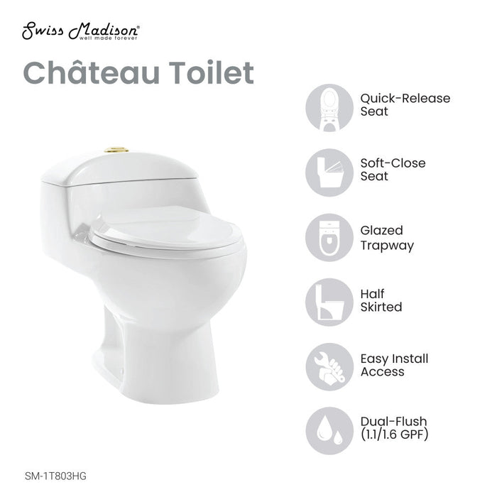 Swiss Madison Chateau One Piece Elongated Toilet Dual Flush, Brushed Gold Hardware 1.1/1.6 gpf - SM-1T803HG