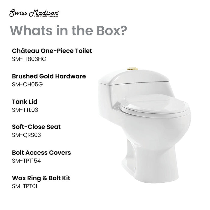 Swiss Madison Chateau One Piece Elongated Toilet Dual Flush, Brushed Gold Hardware 1.1/1.6 gpf - SM-1T803HG