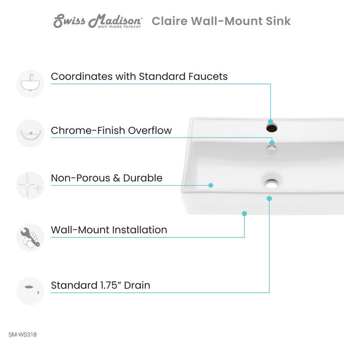 Swiss Madison Claire 22" Rectangle Wall-Mount Bathroom Sink - SM-WS318