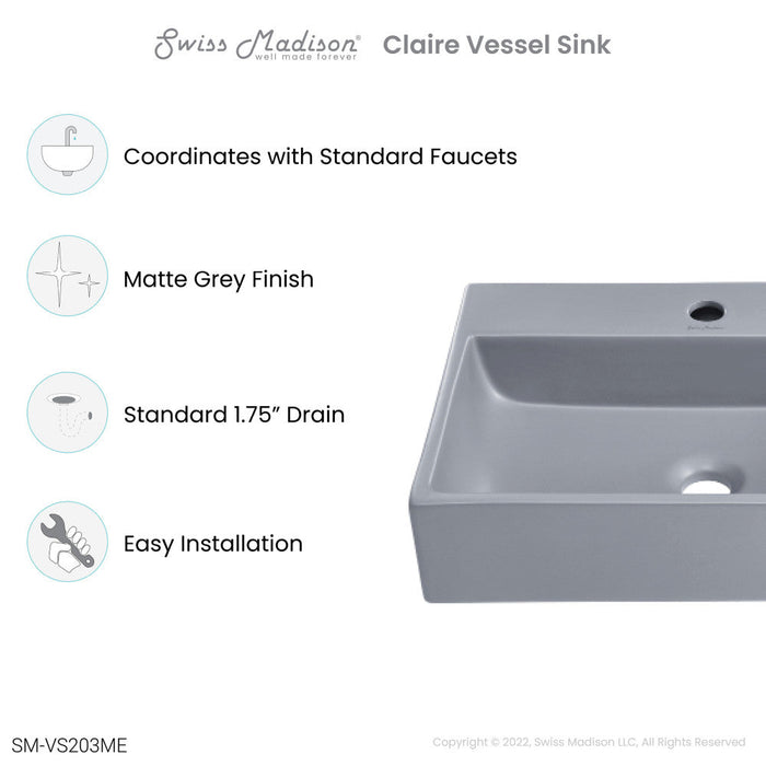 Swiss Madison Claire 20"  Rectangle Ceramic Vessel Sink in Matte Grey - SM-VS203ME