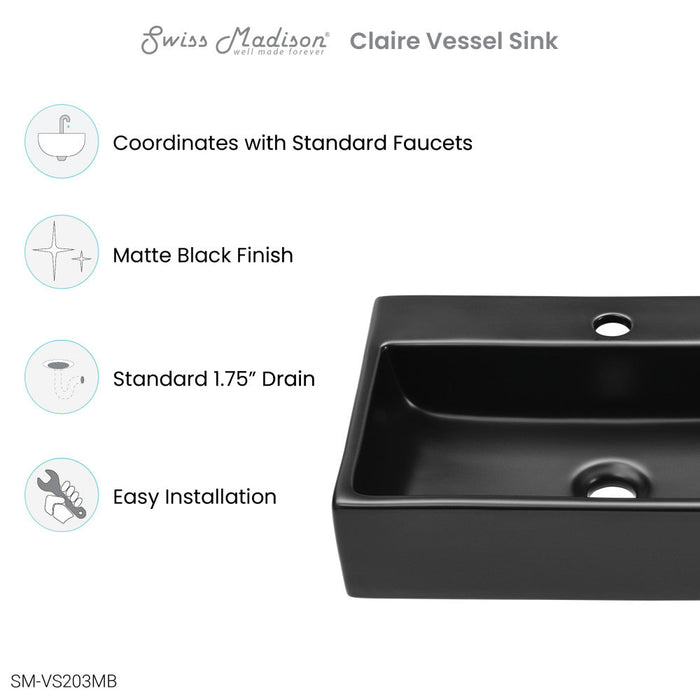 Swiss Madison Claire 20 Rectangle Ceramic Vessel Sink, Matte Black - SM-VS203MB