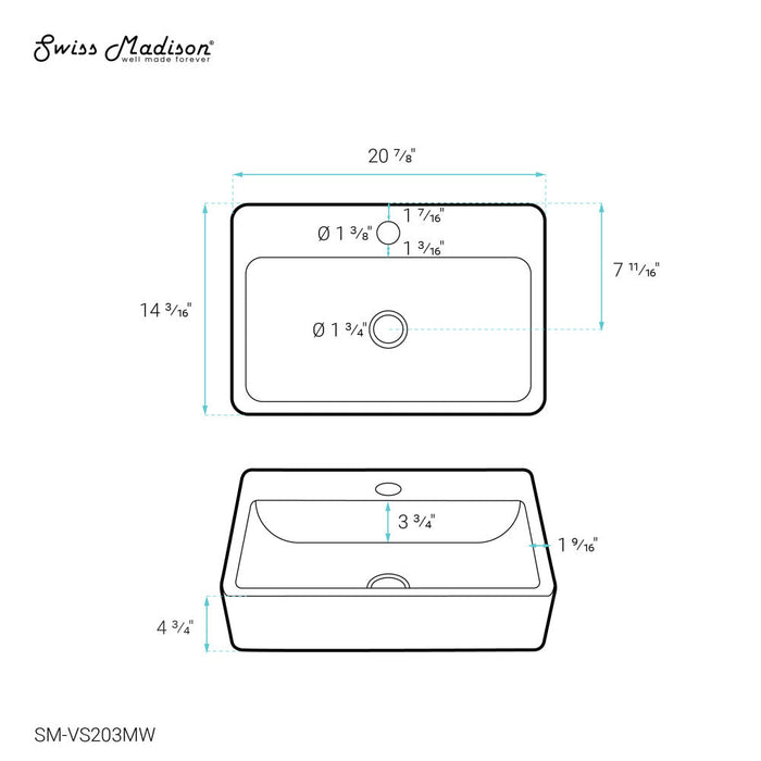 Swiss Madison Claire 20 Rectangle Ceramic Vessel Sink, Matte White - SM-VS203MW