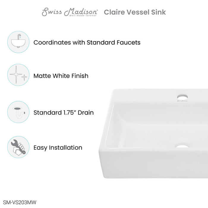 Swiss Madison Claire 20 Rectangle Ceramic Vessel Sink, Matte White - SM-VS203MW