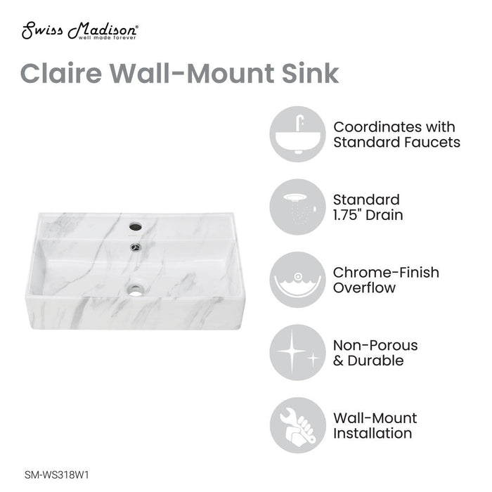 Swiss Madison Claire 22" Rectangle Wall-Mount Bathroom Sink in White Marble - SM-WS318W1