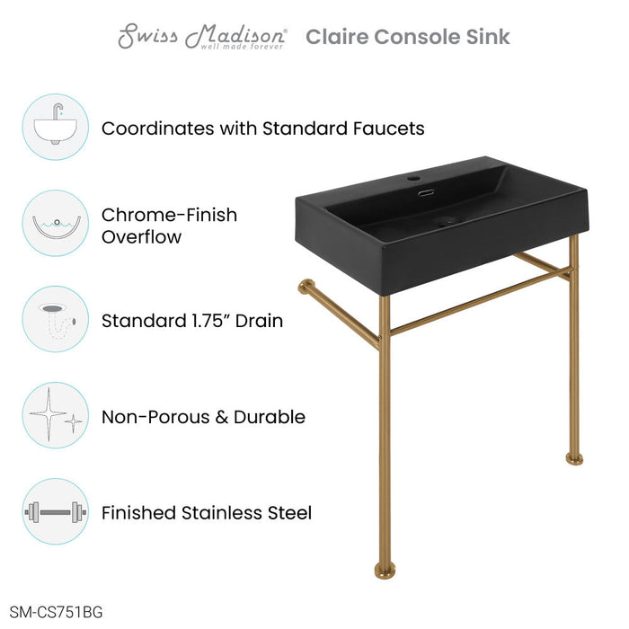 Swiss Madison Claire 24 Ceramic Console Sink Matte Black Basin Brushed Gold Legs - SM-CS751BG