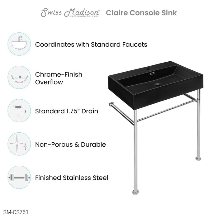 Swiss Madison Claire 24 Ceramic Console Sink Matte Black Basin Chrome Legs - SM-CS761