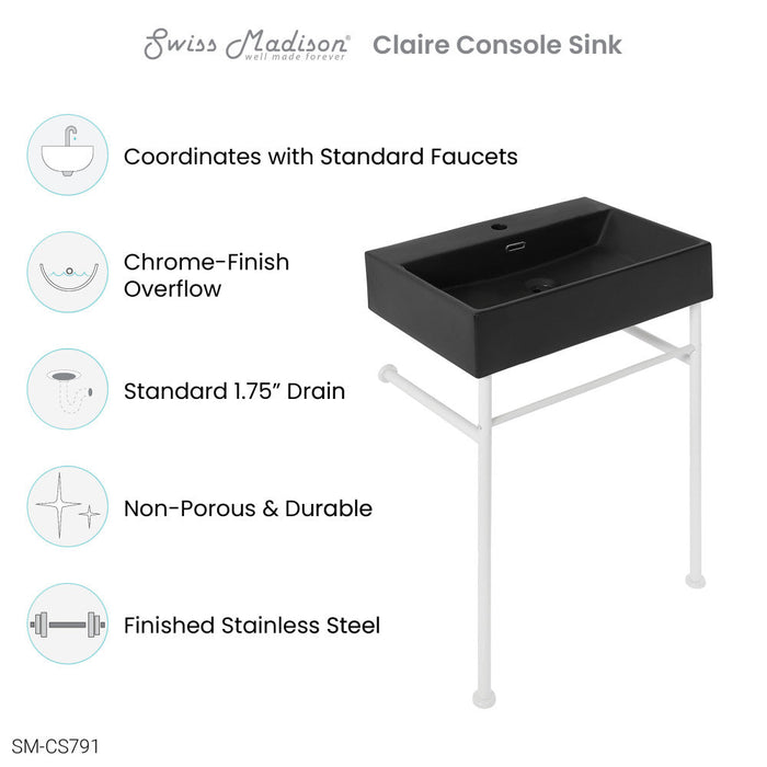 Swiss Madison Claire 24 Ceramic Console Sink Matte Black Basin Matte White Legs - SM-CS791