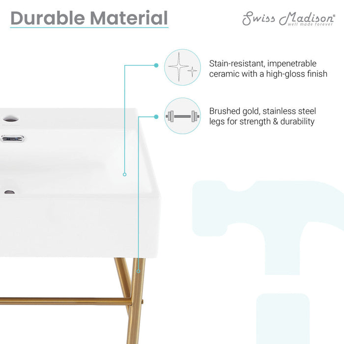 Swiss Madison Claire 24 Ceramic Console Sink White Basin Brushed Gold Legs - SM-CS721BG