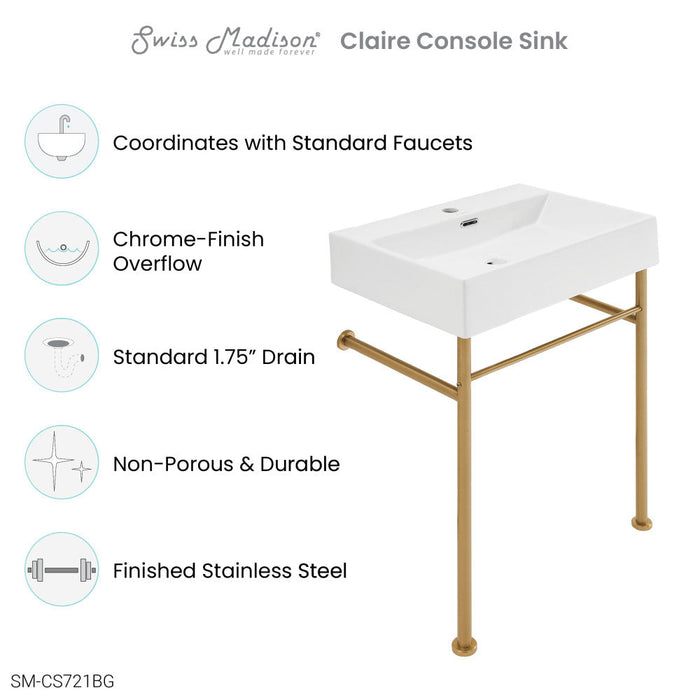 Swiss Madison Claire 24 Ceramic Console Sink White Basin Brushed Gold Legs - SM-CS721BG