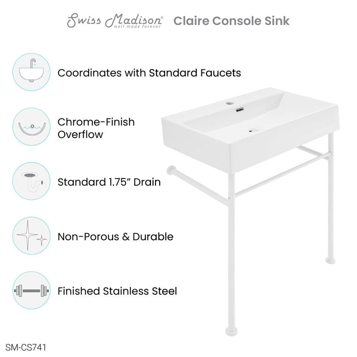 Swiss Madison Claire 24 Ceramic Console Sink White Basin Matte White Legs - SM-CS741