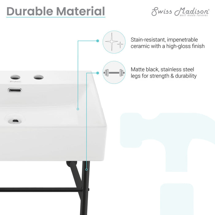 Swiss Madison Claire 24" Console Sink White Basin Black Legs with 8" Widespread Holes - SM-CS771-3