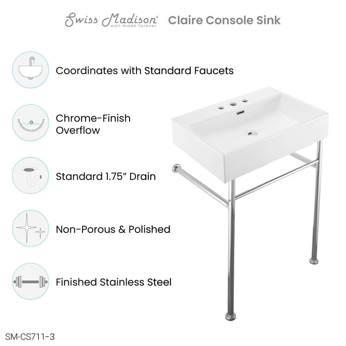 Swiss Madison Claire 24" Console Sink White Basin Chrome Legs with 8" Widespread Holes - SM-CS711-3