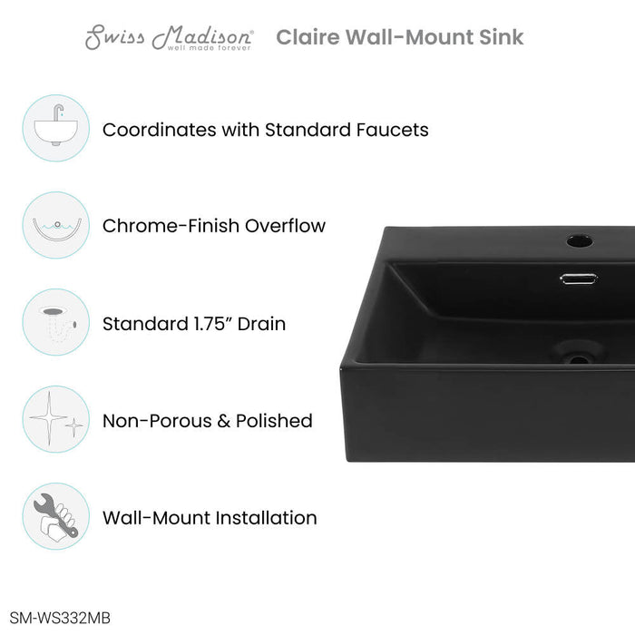 Swiss Madison Claire 24" Rectangle Wall-Mount Bathroom Sink in Matte Black - SM-WS332MB