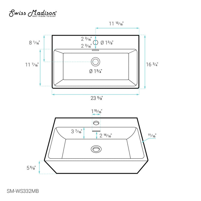 Swiss Madison Claire 24" Rectangle Wall-Mount Bathroom Sink in Matte Black - SM-WS332MB