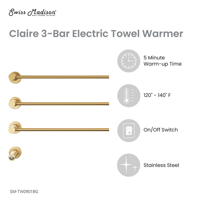 Swiss Madison Claire 3-Bar Electric Towel Warmer in Brushed Gold - SM-TW0901BG