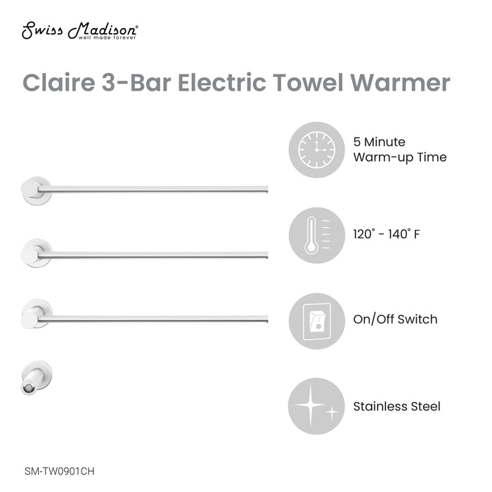 Swiss Madison Claire 3-Bar Electric Towel Warmer in Chrome - SM-TW0901CH