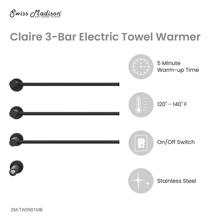 Swiss Madison Claire 3-Bar Electric Towel Warmer in Matte Black - SM-TW0901MB