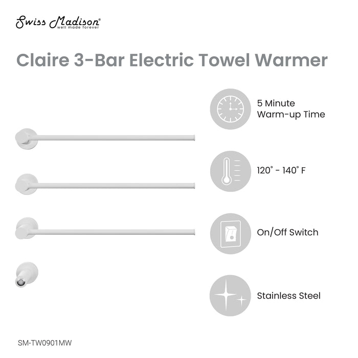 Swiss Madison Claire 3-Bar Electric Towel Warmer in Matte White - SM-TW0901MW