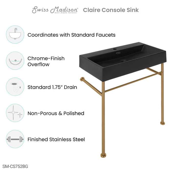 Swiss Madison Claire 30 Ceramic Console Sink Matte Black Basin Brushed Gold Legs - SM-CS752BG