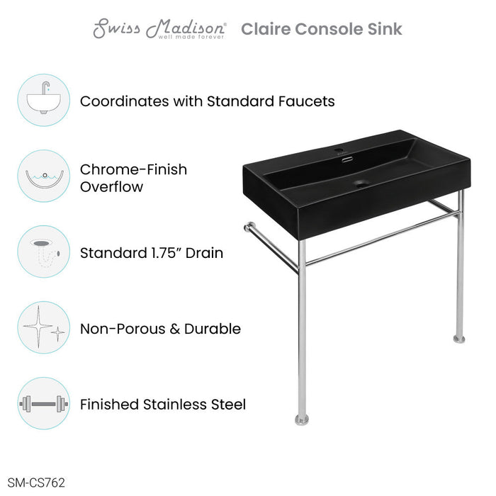 Swiss Madison Claire 30 Ceramic Console Sink Matte Black Basin Chrome Legs - SM-CS762