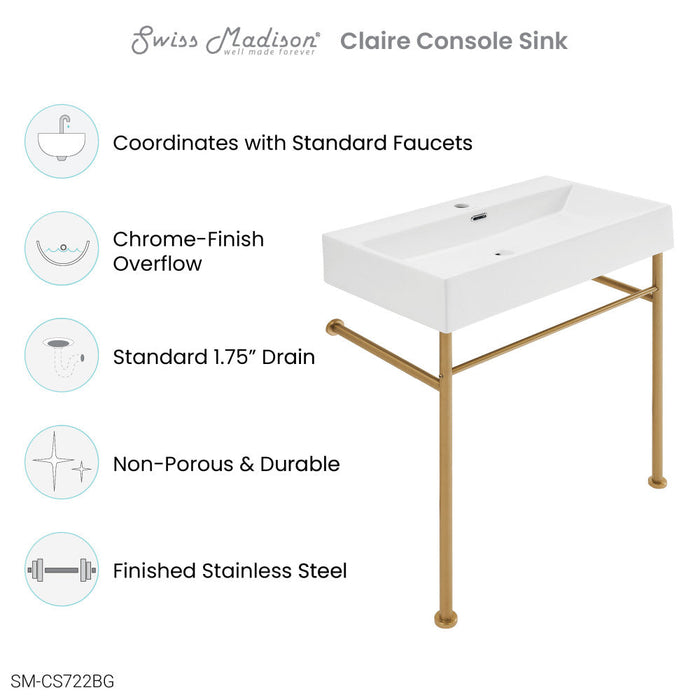 Swiss Madison Claire 30 Ceramic Console Sink White Basin Brushed Gold Legs - SM-CS722BG