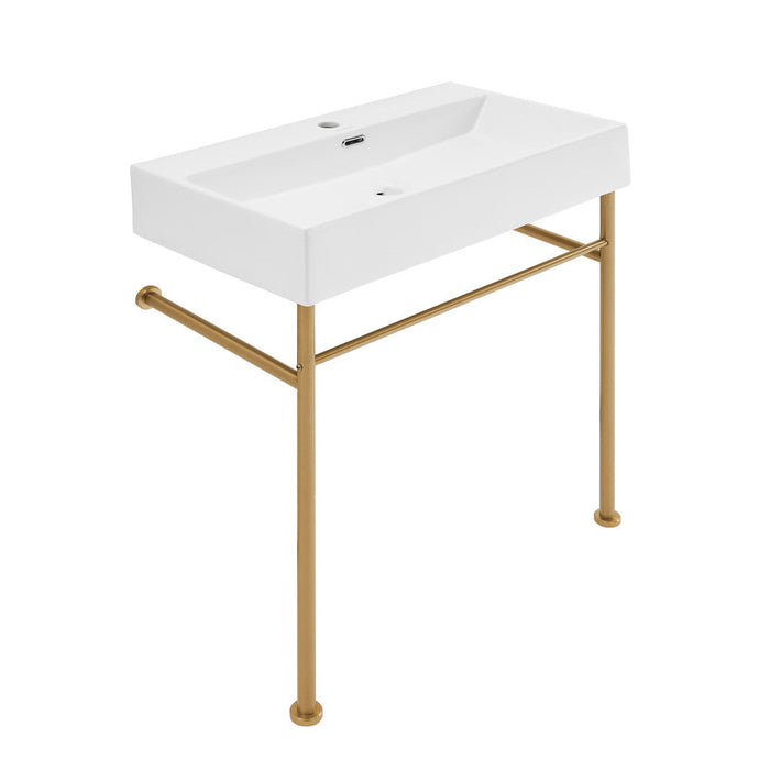 Swiss Madison Claire 30 Ceramic Console Sink White Basin Brushed Gold Legs - SM-CS722BG