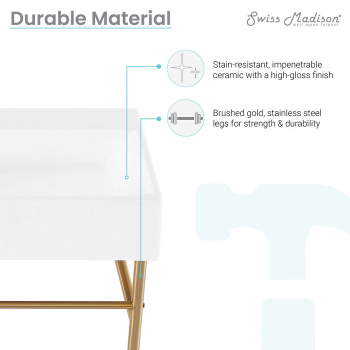 Swiss Madison Claire 30 Ceramic Console Sink White Basin Brushed Gold Legs - SM-CS722BG