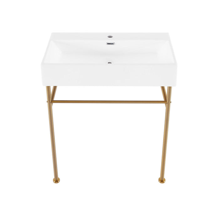 Swiss Madison Claire 30 Ceramic Console Sink White Basin Brushed Gold Legs - SM-CS722BG